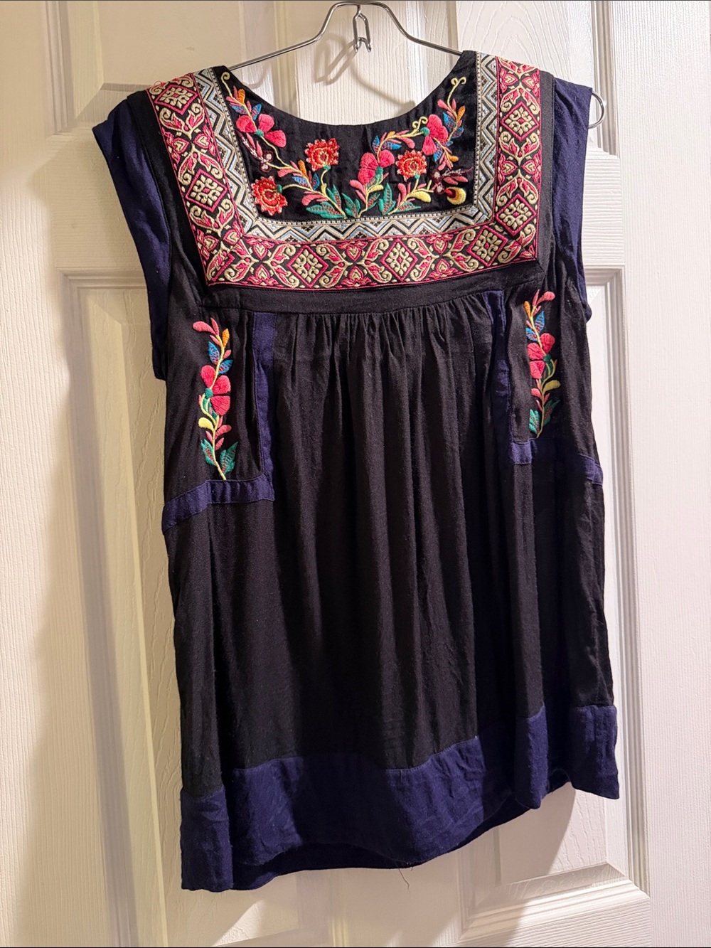Anthropologie Black Sleeveless Tunic with Multicolor Floral Embroidery